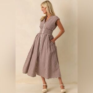 NWT ENTRO  BROWN GINGHAM COTTON ZIP FRONT MIDI DRESS